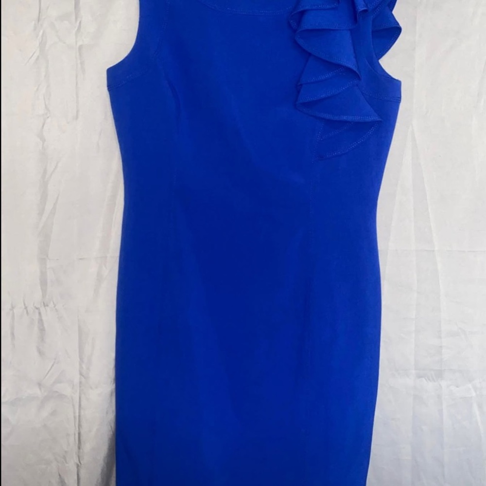Calvin Klein Blue Asymmetrical Ruffled Sheath Dress
